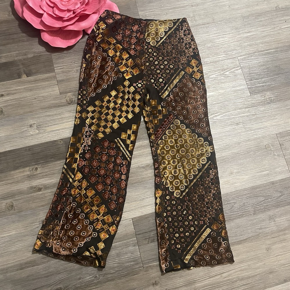 MUSE Sz 10 Geometric Velvet Burnout Pants Brown/Multi Silk Blend‎ Whimsigoth